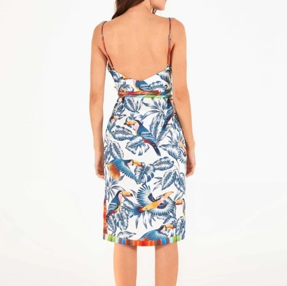 Farm Rio tropical parrot bird safari flying toucans open back dress womans small - Picture 2 of 8